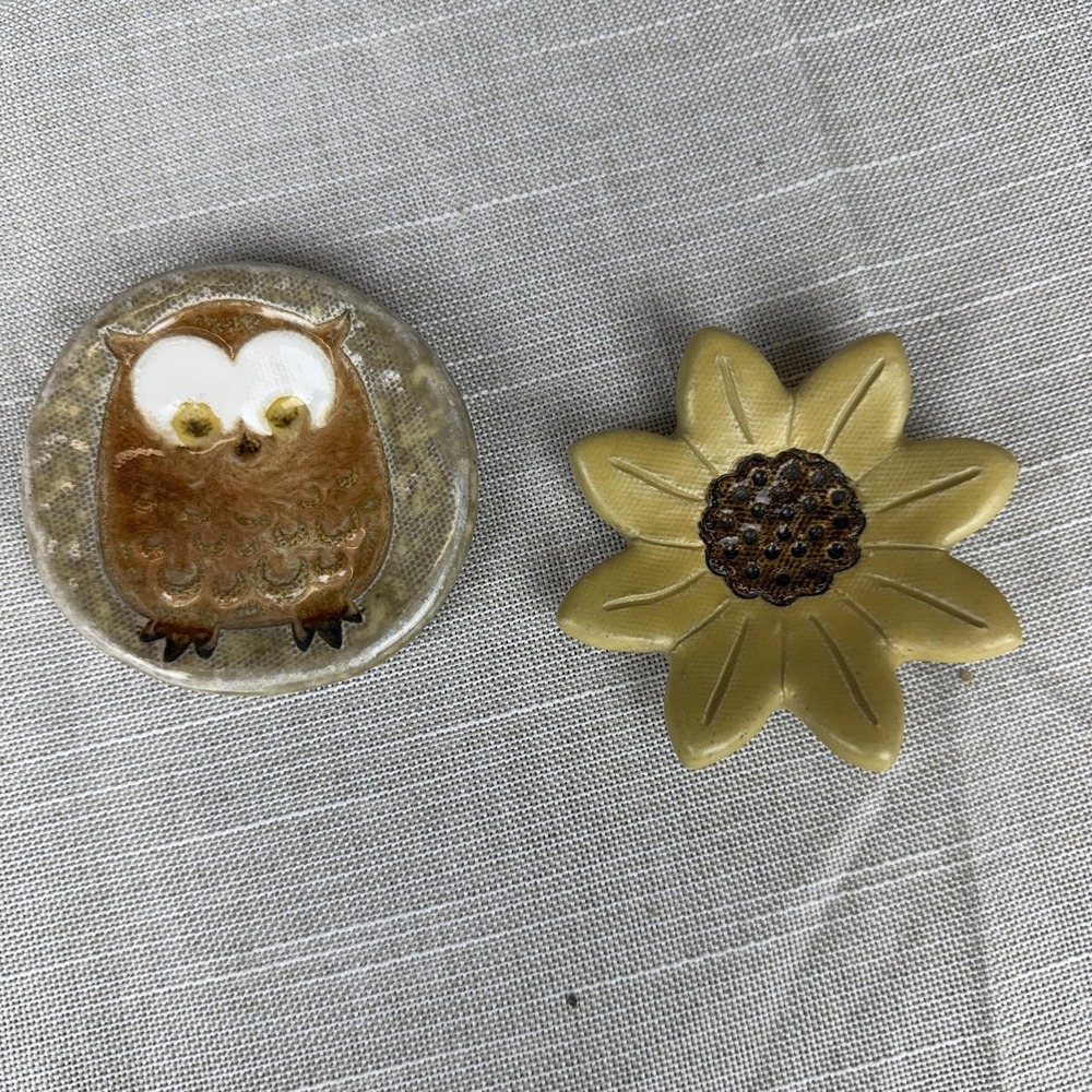 Vintage ECO Multicolor Ceramic Owl Sunflower Butter Pat Trinket Dish Set 2 Decor